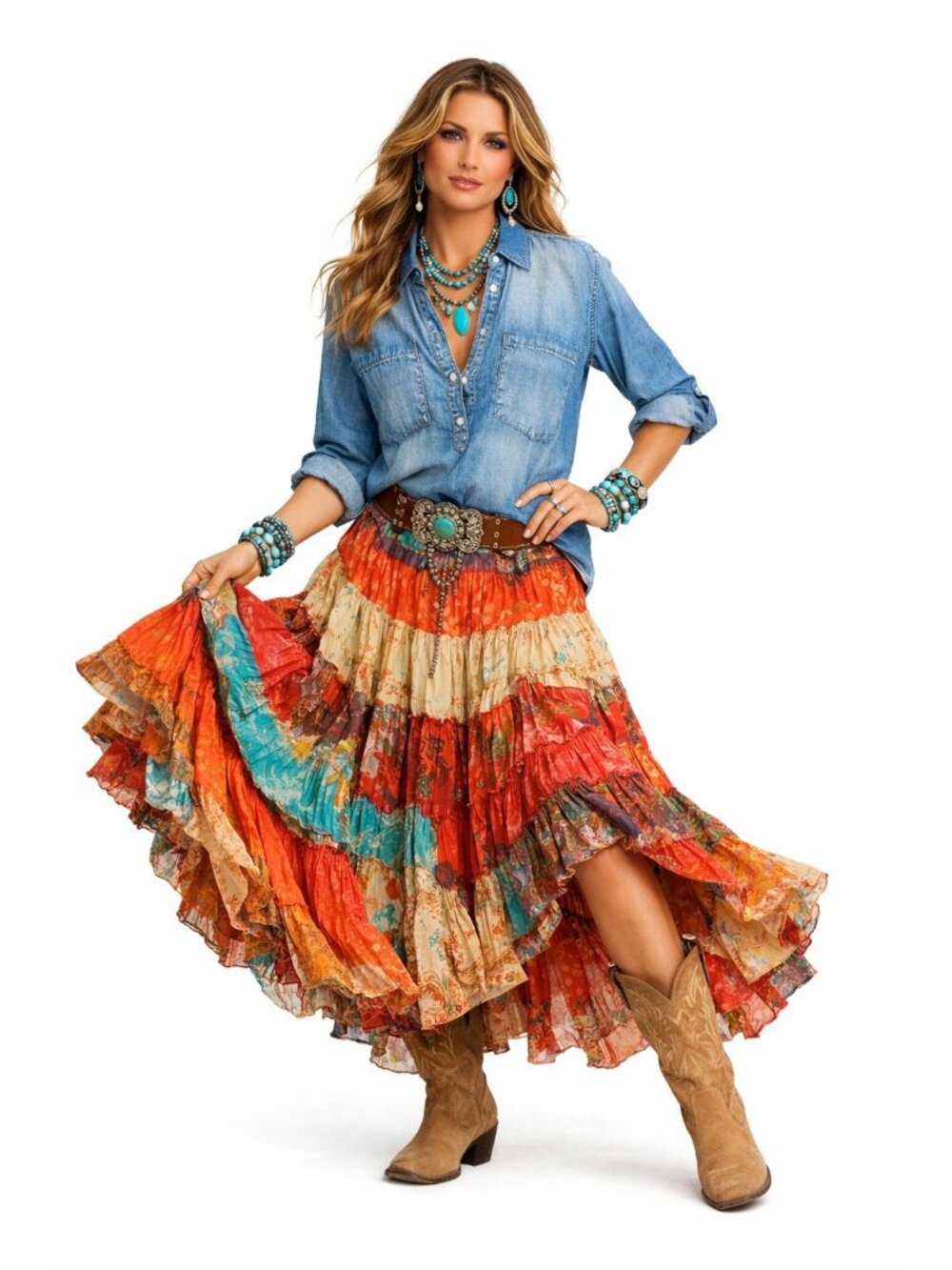 Sneak Peek Women M Light Wash Denim Jeans Western Boho Cowgirl Chic Tunic Shirt